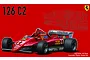A promotional graphic for a Fujimi 1/20 scale Ferrari 126C2 model kit, featuring a red Formula 1 car and line-art diagrams of the plastic parts.
