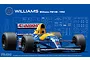 A digital render of the 1992 Williams FW14B Formula 1 car in blue and yellow livery, set against a blue background with technical blueprint-style parts diagrams.