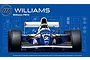 Front view of a Williams FW16 Formula 1 car illustration on a blue background with technical model kit sprue outlines.