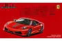 A red Ferrari F430 Scuderia model car displayed against a red background with technical diagrams of plastic model kit parts.