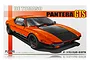 Product box art for a Fujimi 1/24 scale De Tomaso Pantera GTS plastic model kit featuring an orange and black sports car illustration.