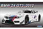 A digital illustration of a white 2012 BMW Z4 GT3 race car with BMW M-sport livery, featuring a large rear wing and black racing wheels.