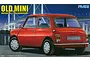Box art for a Fujimi 1/24 scale Old Mini Mayfair 1.3i & 25th Anniversary plastic model kit featuring a red Mini car against a night bridge background.