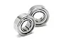 Two metal shielded ball bearings positioned on a white background.