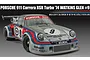 A studio illustration of a silver 1974 Porsche 911 Carrera RSR Turbo race car with Martini racing livery and number 9.