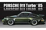 A side-profile illustration of a dark green 1985 Porsche 911 Turbo on a black background with white text above.