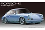 An illustration of a light blue 1967 Porsche 911R Coupe on a dark background, featured on a model kit box.