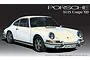 An illustration of a white 1969 Porsche 911S Coupe on a dark grey background, typical of a model kit box art.
