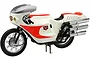 A 1/12 scale plastic model of the Kamen Rider Cyclone motorcycle, featuring a white and red body, triple exhaust pipes, and spoked wheels.