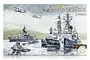Box art for Fujimi 1/3000 scale JMSDF Escort Flotilla 2 model kit featuring illustrations of Japanese naval ships and helicopters.