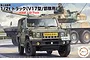 Box art for a Fujimi 1/72 scale JGSDF 1/2t Truck model kit, featuring an illustration of the olive drab military vehicle with a tank in the background.