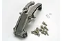 Traxxas aluminium engine mount set with included screws and washers on a white background.