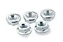 Five silver-colored metal flanged nuts arranged on a white background.