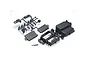 Kyosho receiver box set parts on a white background, including plastic molded trees and small screws.