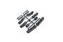 A set of black plastic RC suspension parts on a sprue tree, including two long upper arms and several ball joint ends.