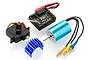 UDI RC brushless motor, ESC receiver unit, steering servo, and blue heatsink on a white background.