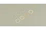Eight thin metal shims arranged in two rows on a grey background, featuring silver and gold-toned washers.