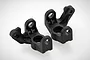 Two black plastic RC steering hub carriers for HSP remote control vehicles, shown from a high angle on a white background.