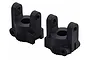 Two black plastic RGT front steering hubs for RC vehicles, shown from a side angle against a white background.