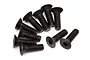 A group of ten black metal countersunk head screws with hex drive sockets, arranged on a white background.