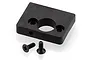 A black plastic motor mount plate for a 1/16 scale RC car, accompanied by two small black countersunk screws on a white background.