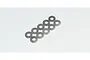 A set of ten small, circular metal washers arranged in a staggered pattern against a plain white background.