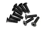 A cluster of ten black metal countersunk head screws with hex drive sockets, arranged on a white background.