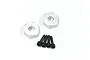Two silver metal wheel hex hubs and four black metal pins on a white background.