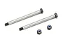 Two Kyosho rear outer hinge pins with threaded ends and two matching locking nuts on a white background.
