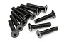 A group of ten black metal countersunk hex head screws arranged on a white background.