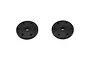 Two black circular RC shock pistons with six small holes arranged in a ring, isolated on a white background.