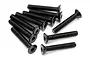 A group of ten black metal countersunk hex head screws arranged on a white background.