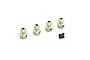 Four silver metal pivot balls and four small black grub screws arranged on a white background.