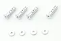 Four silver aluminium RC body posts and four matching silver washers arranged on a white background.
