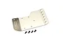 A silver aluminium motor skid plate for an RC car, featuring ventilation slots and mounting holes, accompanied by four small black screws.
