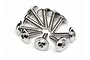 A collection of ten silver-coloured metal washer head screws with hex drive sockets arranged in a circular pattern on a white background.