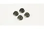 Four gunmetal grey aluminium flanged serrated nuts arranged on a plain white background.
