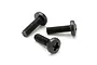 Three black metal binder head screws with Phillips drive heads arranged on a white background.