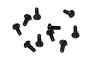 A group of nine black metal binder head screws scattered on a white background.