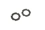 Two circular dark grey slipper clutch plates with small notches on the outer edge, isolated on a white background.