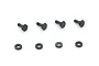 Four black metal king pins and four matching black washers arranged in two rows on a white background.