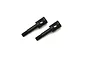 Two black metal RC front drive shafts with threaded ends and a cross-hole, isolated on a white background.