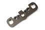 A gunmetal grey aluminium front lower suspension holder for a Kyosho RC car, viewed from an angle against a white background.