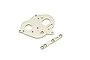 A silver-coloured aluminium motor plate and a matching support bracket for an RC car, shown on a white background.