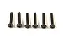 Six black metal binder head screws with Phillips drive heads arranged in a row against a white background.