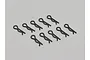 Ten black metal R-clips or body pins arranged in two rows on a plain grey background.