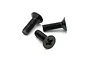 Three black metal countersunk head screws with Phillips drive heads arranged on a white background.