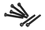 A set of six black metal cap head screws with fine threading, arranged on a white background.