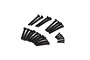 A collection of various black metal machine screws arranged in three groups on a white background.