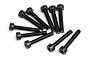 A set of ten black metal cap head screws arranged in a fan pattern against a white background.